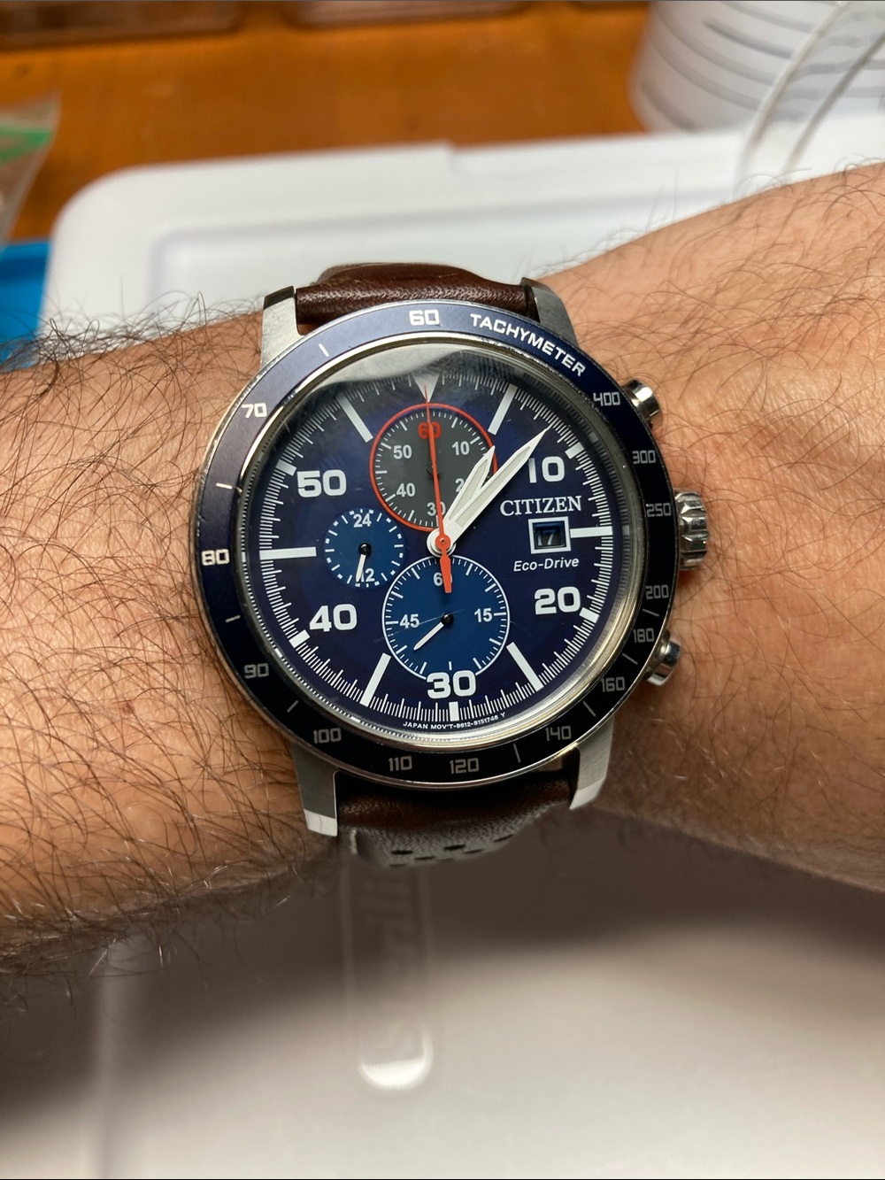 Citizen Eco Drive, B612-S111200, blue dial, brown leather strap, stainless